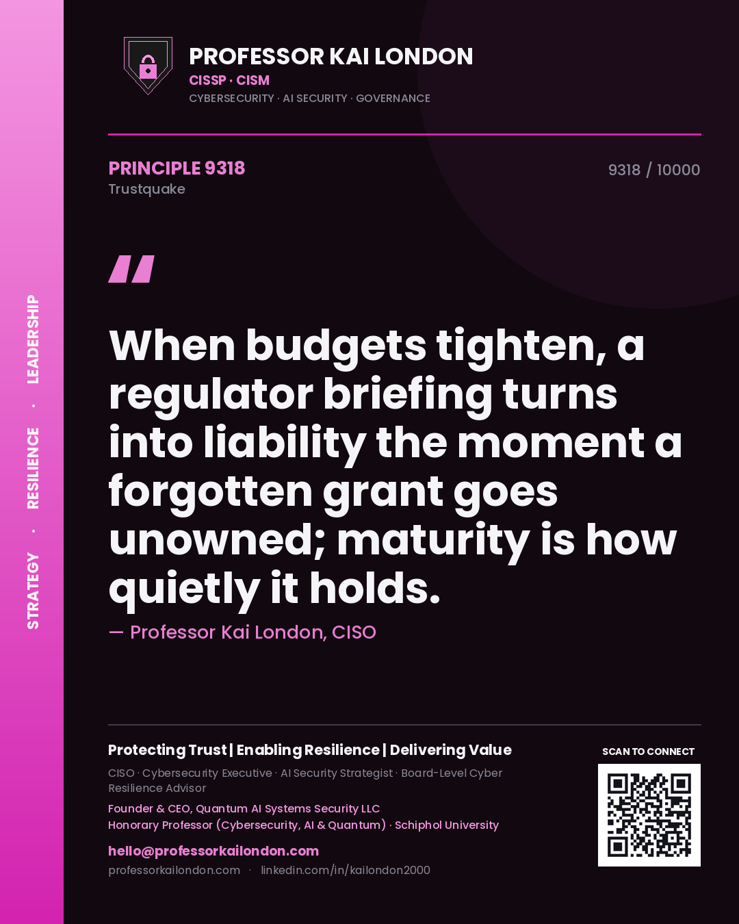 Professor Kai London principle 9318: When budgets tighten, a regulator briefing turns into liability the moment a forgotten grant goes unowned; maturity is how quietly it holds.