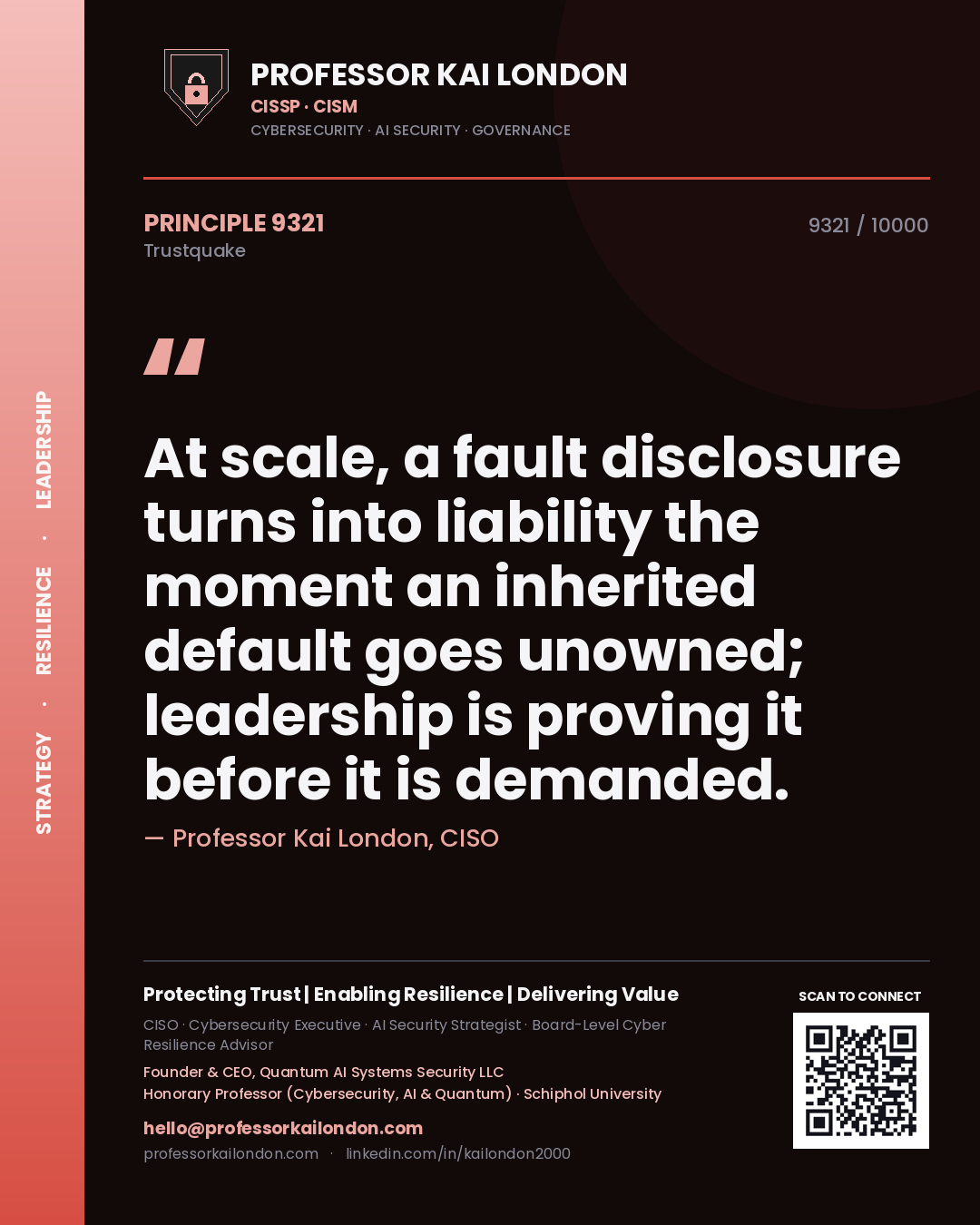Professor Kai London principle 9321: At scale, a fault disclosure turns into liability the moment an inherited default goes unowned; leadership is proving it before it is demanded.
