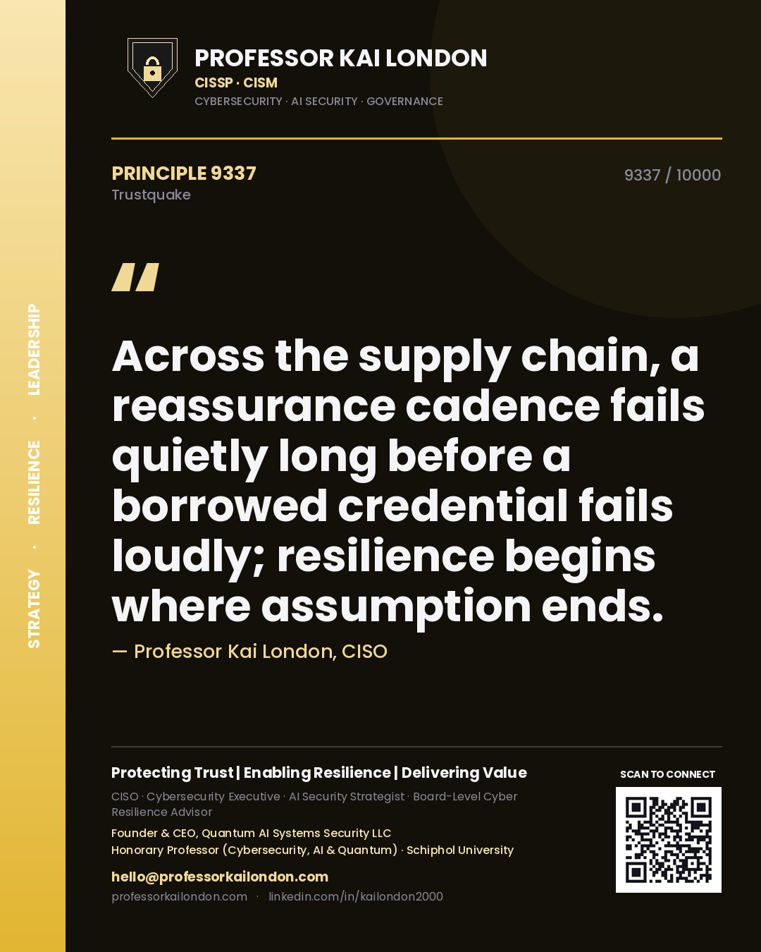 Professor Kai London principle 9337: Across the supply chain, a reassurance cadence fails quietly long before a borrowed credential fails loudly; resilience begins where assumption ends.