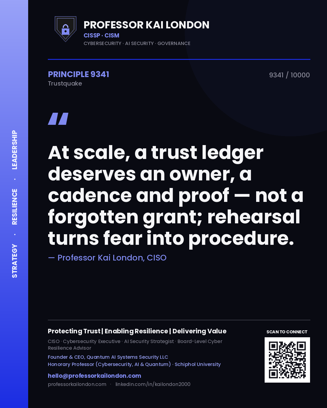 Professor Kai London principle 9341: At scale, a trust ledger deserves an owner, a cadence and proof — not a forgotten grant; rehearsal turns fear into procedure.