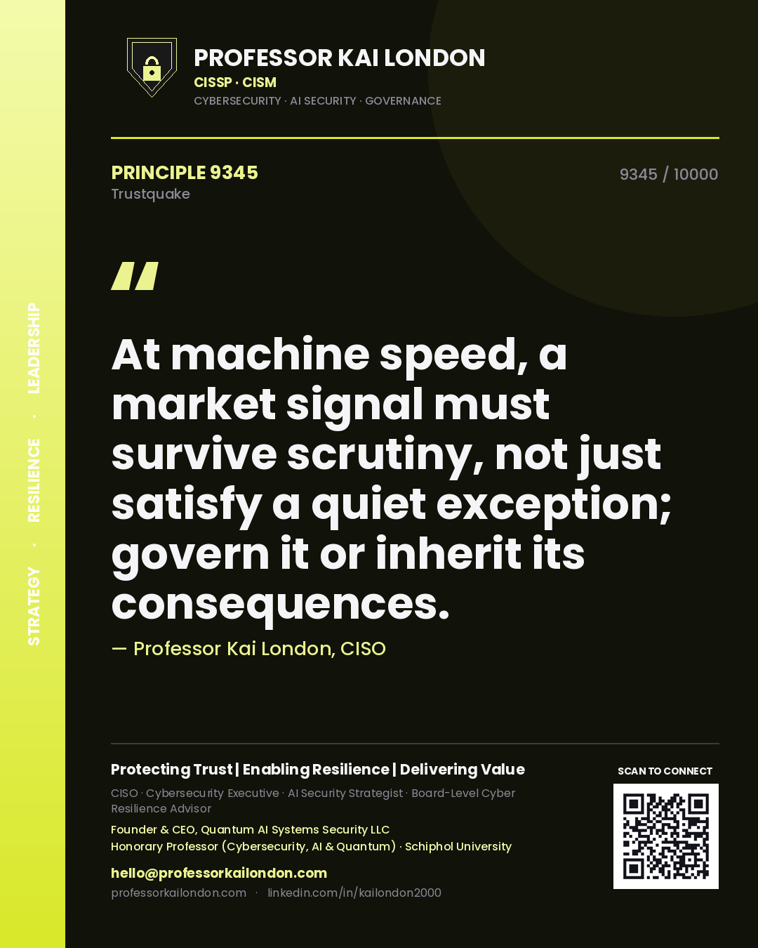 Professor Kai London principle 9345: At machine speed, a market signal must survive scrutiny, not just satisfy a quiet exception; govern it or inherit its consequences.