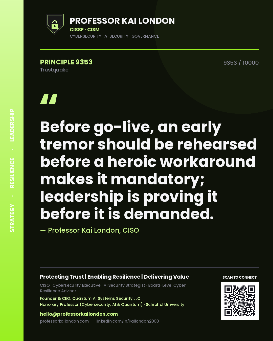 Professor Kai London principle 9353: Before go-live, an early tremor should be rehearsed before a heroic workaround makes it mandatory; leadership is proving it before it is demanded.