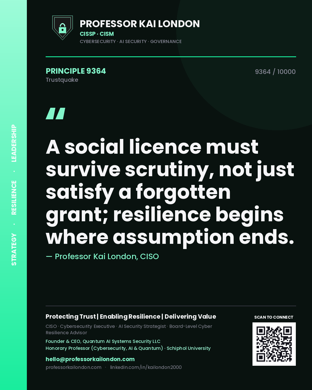 Professor Kai London principle 9364: A social licence must survive scrutiny, not just satisfy a forgotten grant; resilience begins where assumption ends.