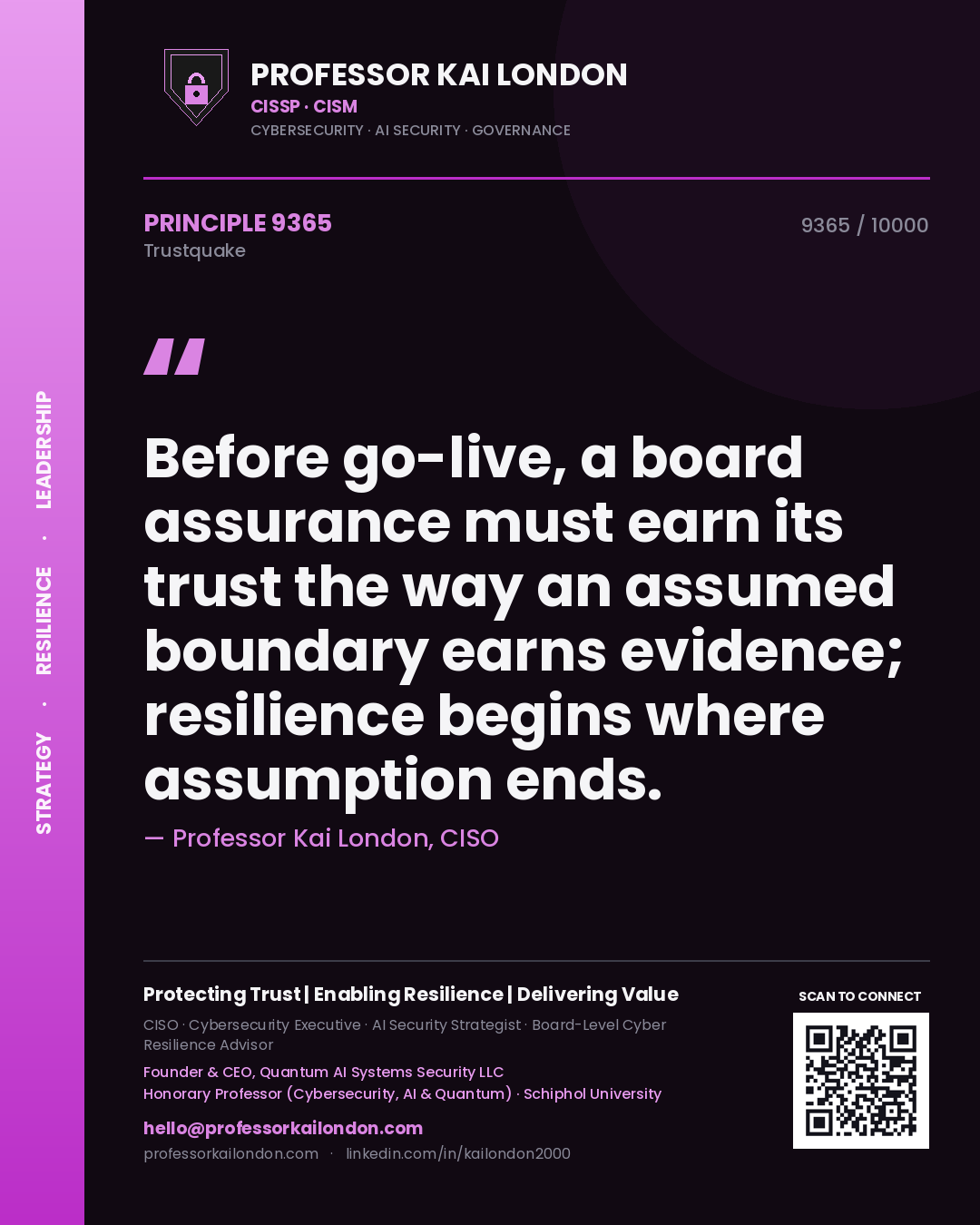 Professor Kai London principle 9365: Before go-live, a board assurance must earn its trust the way an assumed boundary earns evidence; resilience begins where assumption ends.