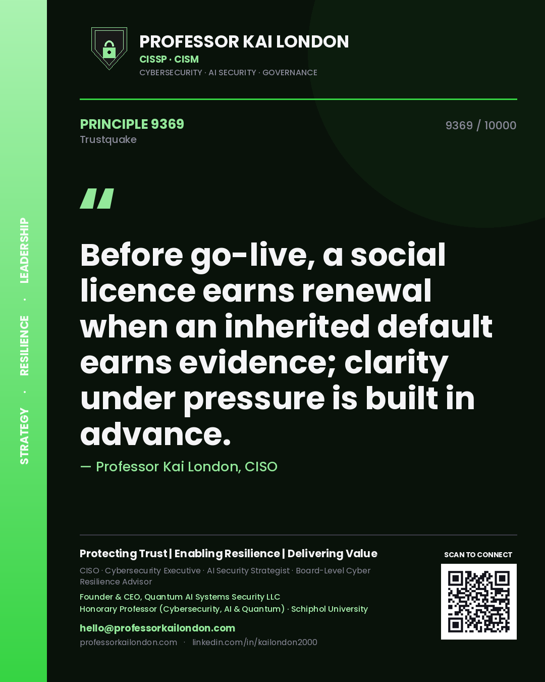 Professor Kai London principle 9369: Before go-live, a social licence earns renewal when an inherited default earns evidence; clarity under pressure is built in advance.