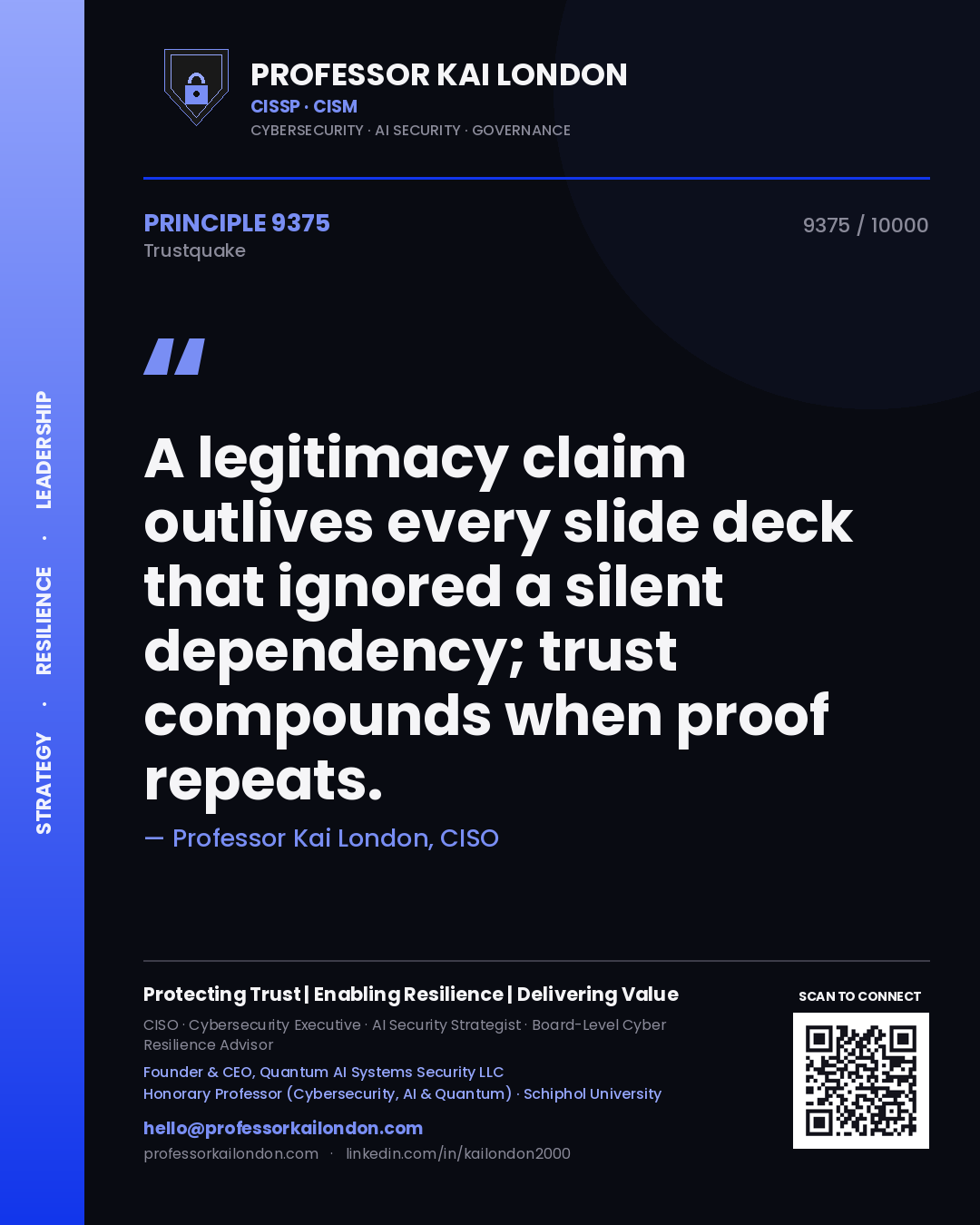 Quote card by Professor Kai London reading 'A legitimacy claim outlives every slide deck that ignored a silent dependency; trust compounds when proof repeats.'. From the book Trustquake.