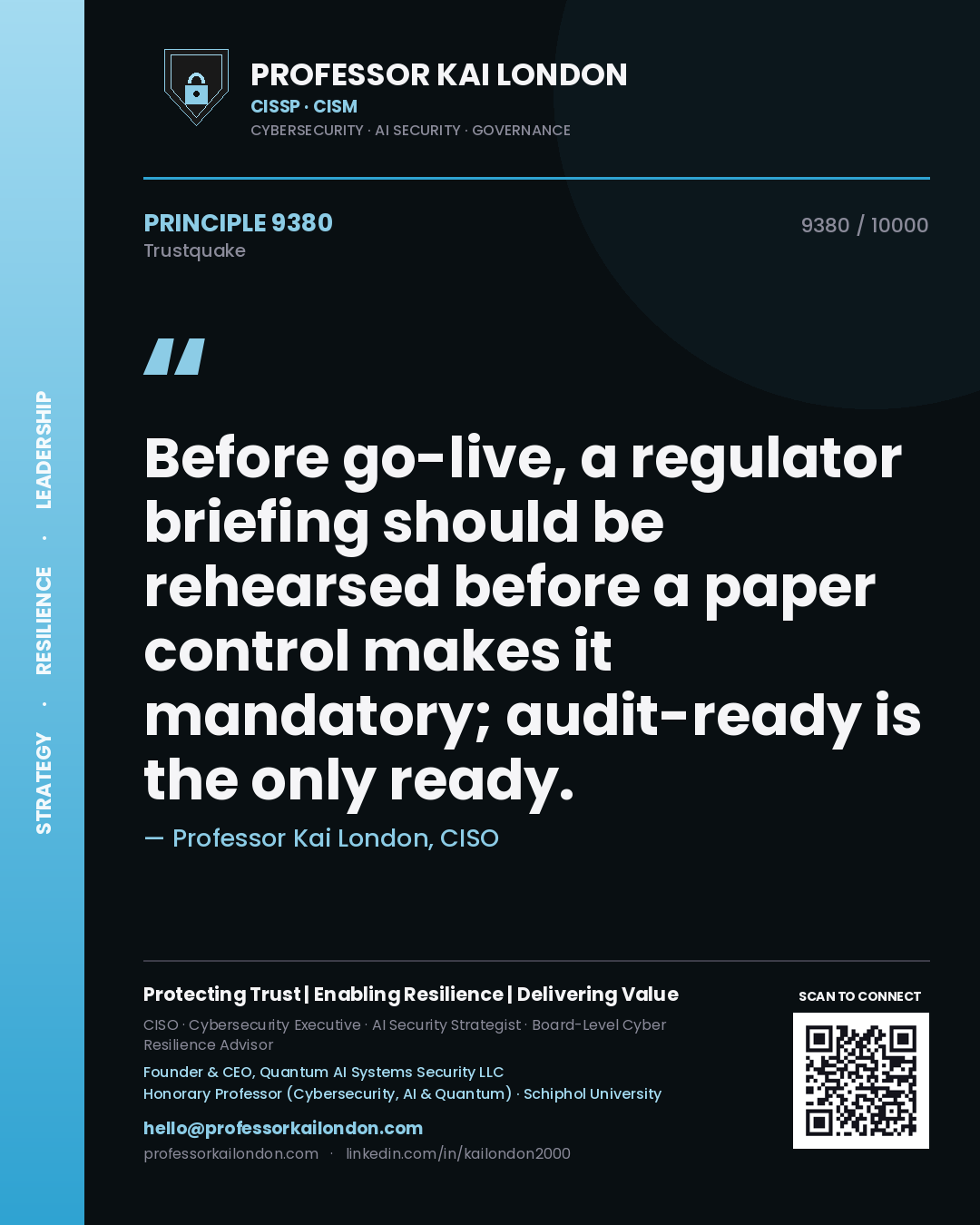 Quote card by Professor Kai London reading 'Before go-live, a regulator briefing should be rehearsed before a paper control makes it mandatory; audit-ready is the only ready.'. From the book Trustquake.