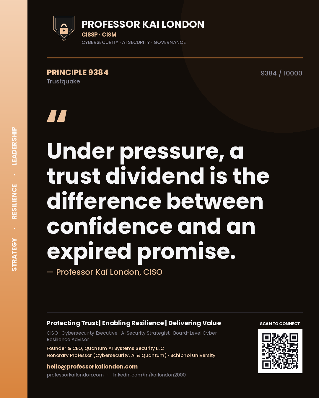 Quote card by Professor Kai London reading 'Under pressure, a trust dividend is the difference between confidence and an expired promise.'. From the book Trustquake.