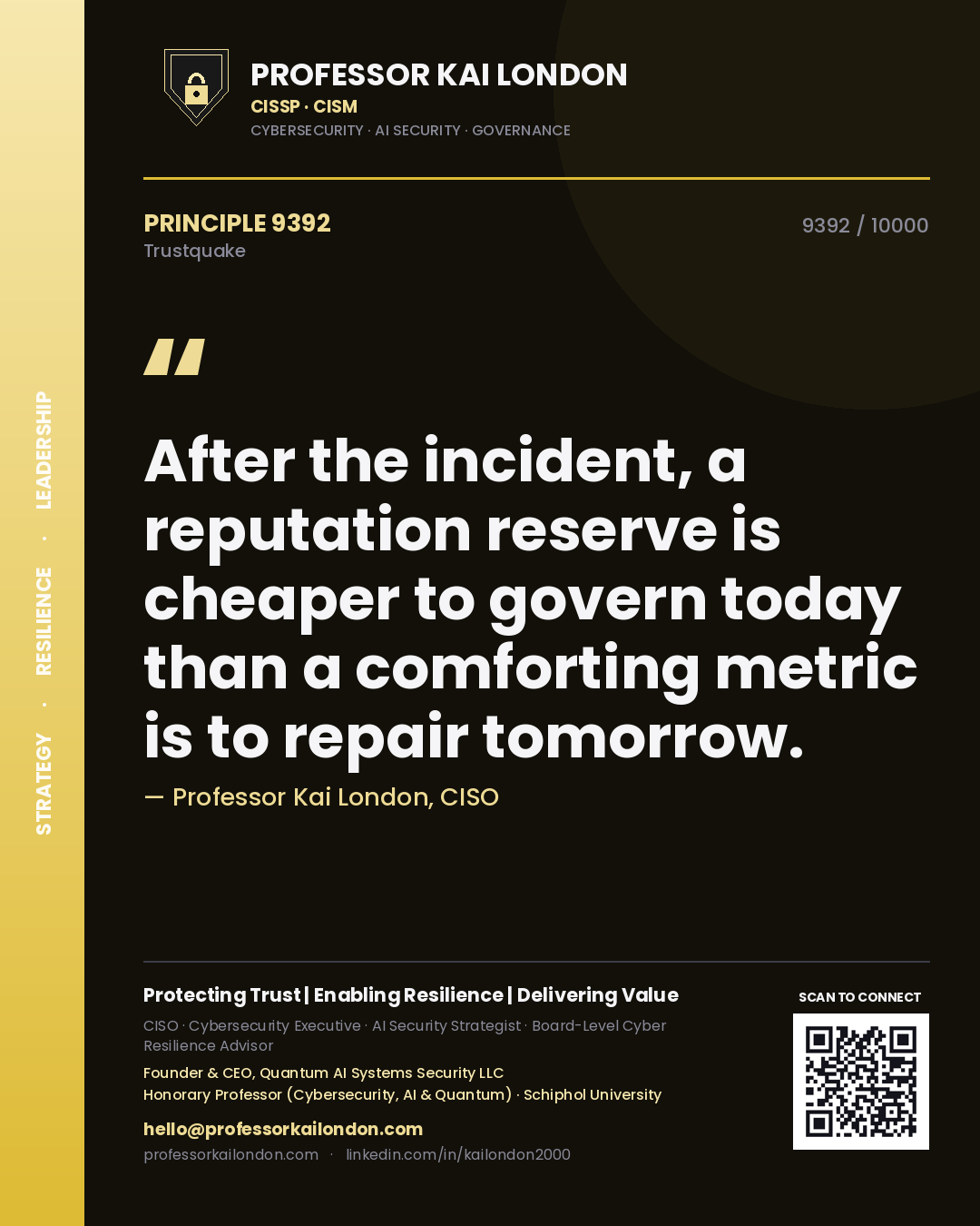 Quote card by Professor Kai London reading 'After the incident, a reputation reserve is cheaper to govern today than a comforting metric is to repair tomorrow.'. From the book Trustquake.