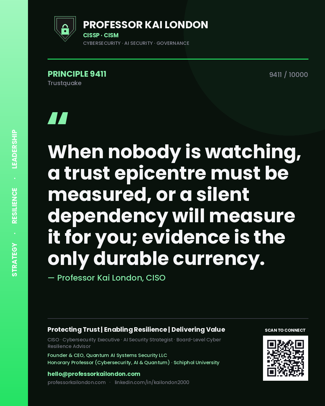 Quote card by Professor Kai London reading 'When nobody is watching, a trust epicentre must be measured, or a silent dependency will measure it for you; evidence is the only durable currency.'. From the book Trustquake.