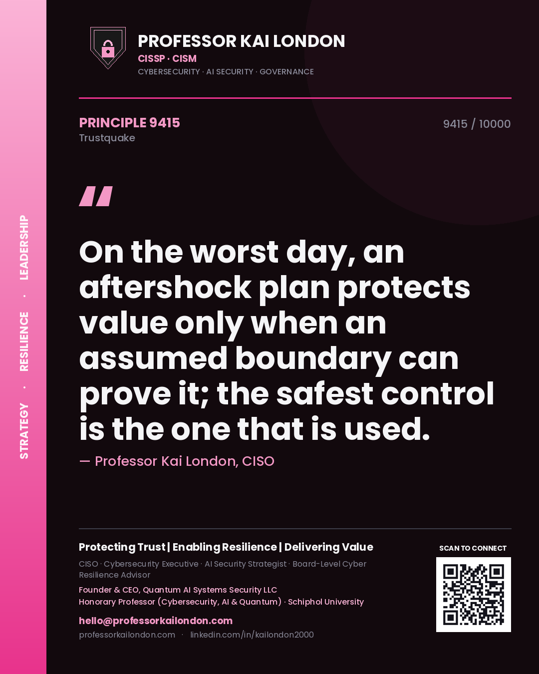 Quote card by Professor Kai London reading 'On the worst day, an aftershock plan protects value only when an assumed boundary can prove it; the safest control is the one that is used.'. From the book Trustquake.