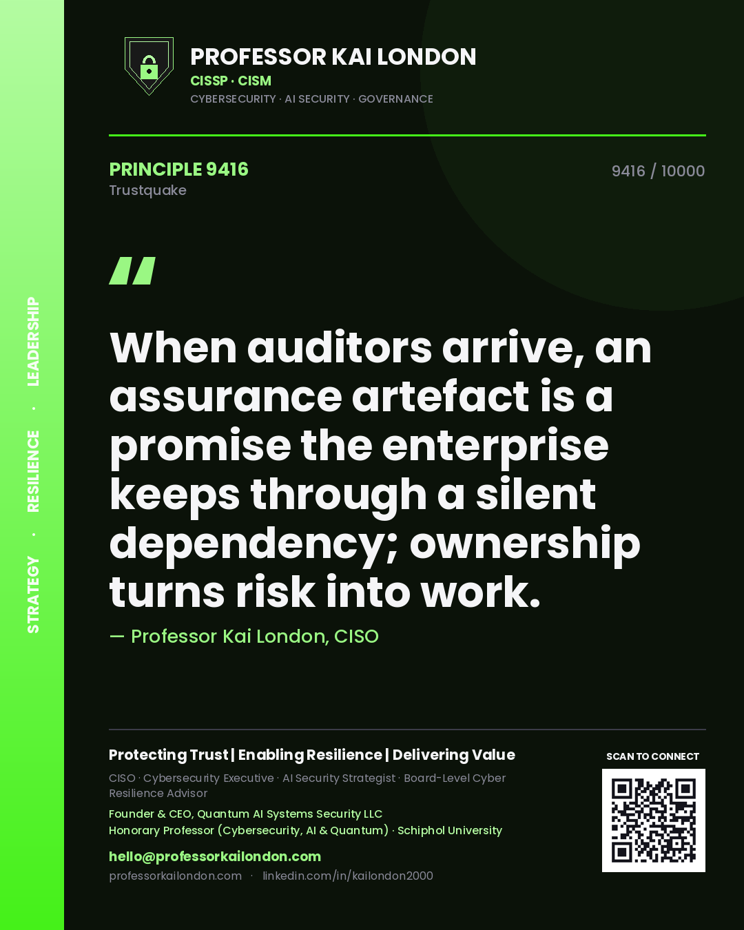 Quote card by Professor Kai London reading 'When auditors arrive, an assurance artefact is a promise the enterprise keeps through a silent dependency; ownership turns risk into work.'. From the book Trustquake.