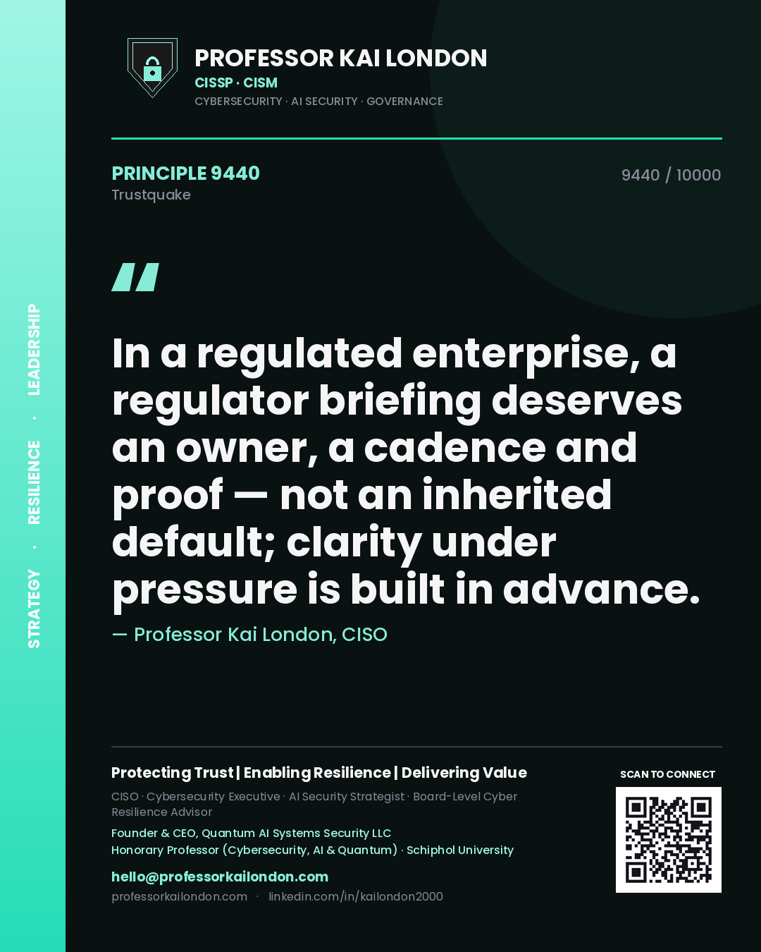 Quote card by Professor Kai London reading 'In a regulated enterprise, a regulator briefing deserves an owner, a cadence and proof — not an inherited default; clarity under pressure is built in advance.'. From the book Trustquake.
