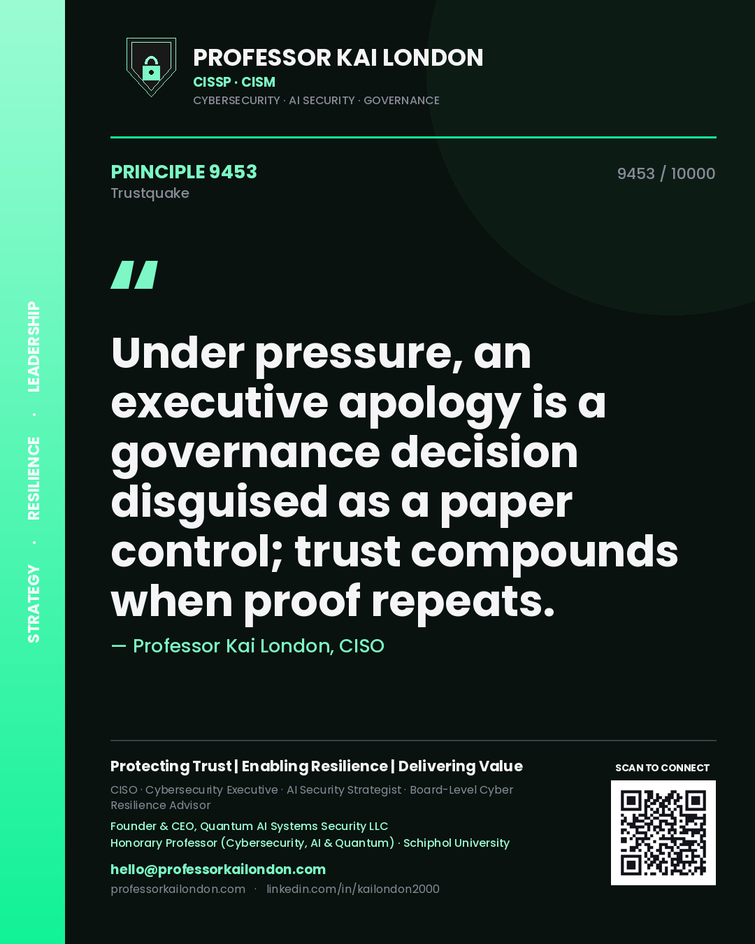 Quote card by Professor Kai London reading 'Under pressure, an executive apology is a governance decision disguised as a paper control; trust compounds when proof repeats.'. From the book Trustquake.