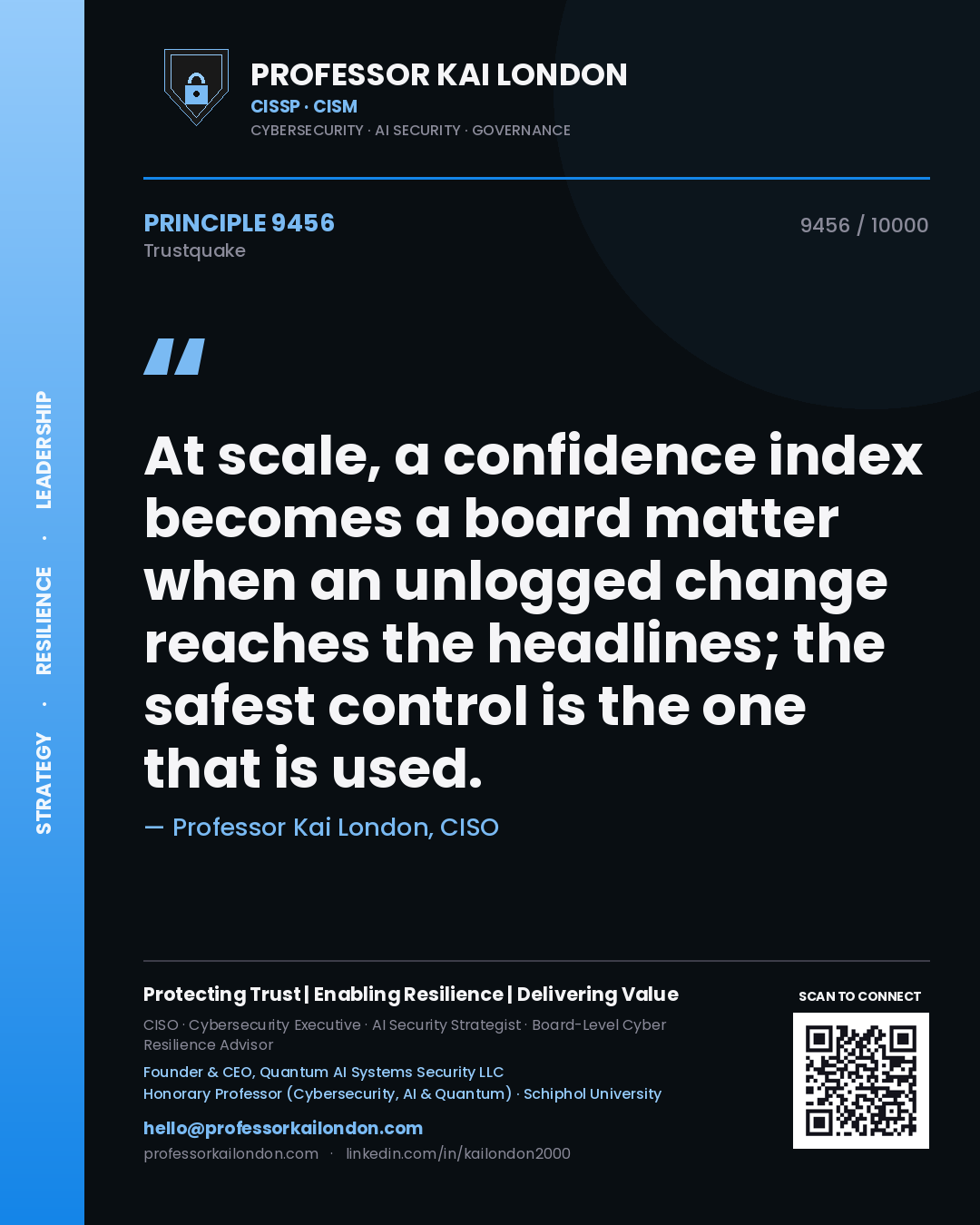 Quote card by Professor Kai London reading 'At scale, a confidence index becomes a board matter when an unlogged change reaches the headlines; the safest control is the one that is used.'. From the book Trustquake.