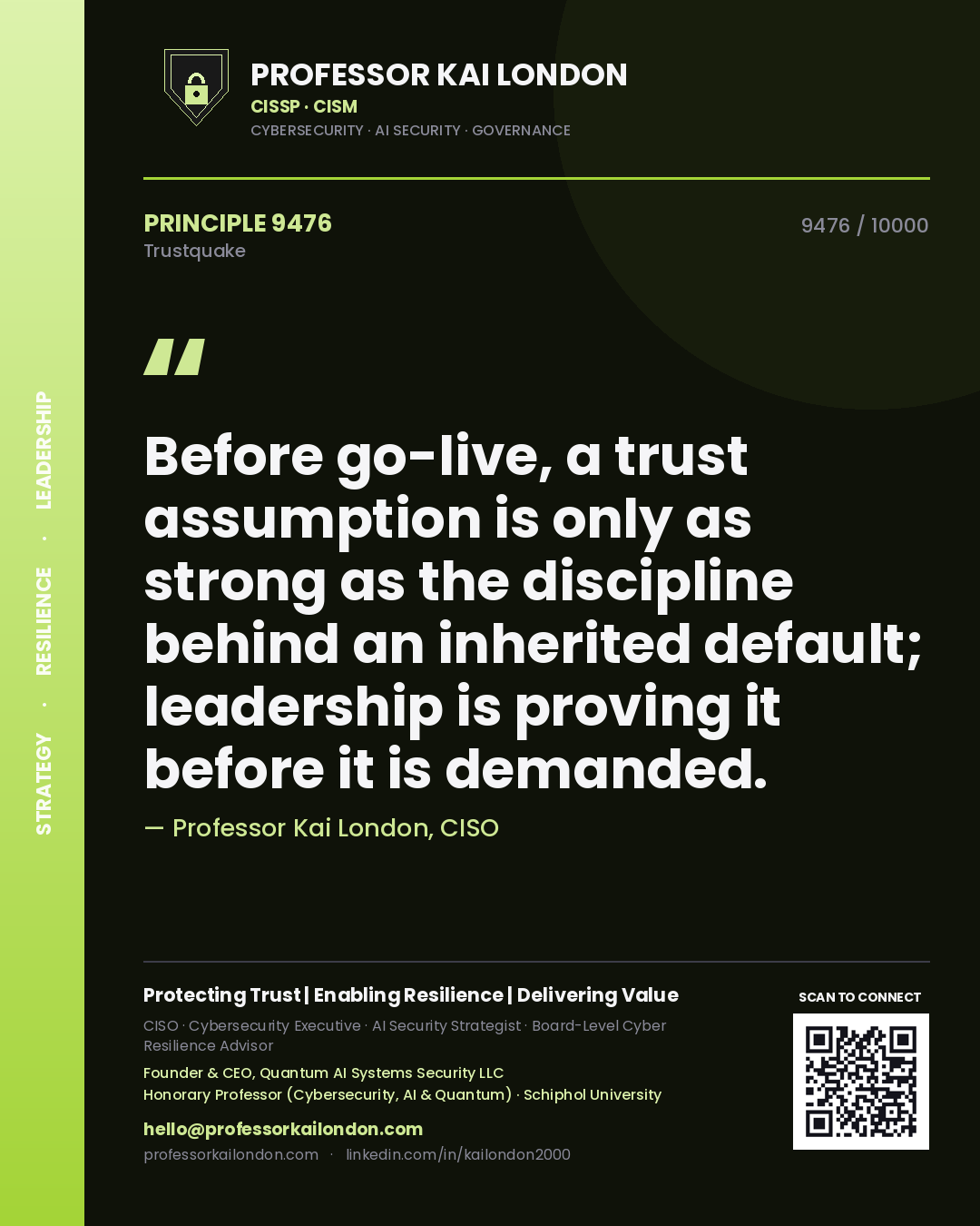 Quote card by Professor Kai London reading 'Before go-live, a trust assumption is only as strong as the discipline behind an inherited default; leadership is proving it before it is demanded.'. From the book Trustquake.