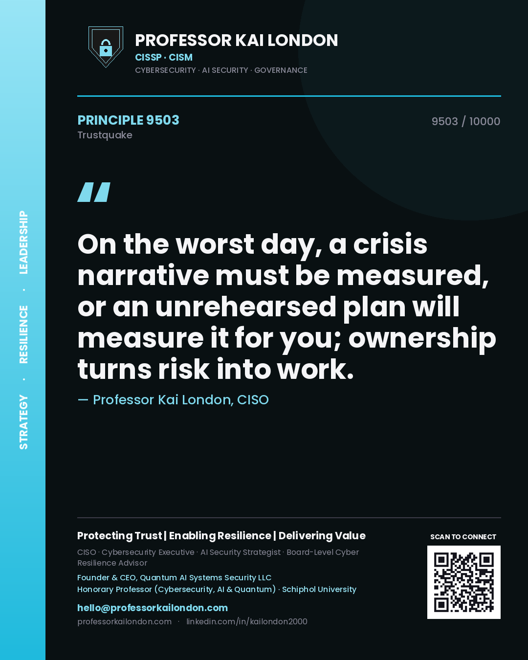 Quote card by Professor Kai London reading 'On the worst day, a crisis narrative must be measured, or an unrehearsed plan will measure it for you; ownership turns risk into work.'. From the book Trustquake.