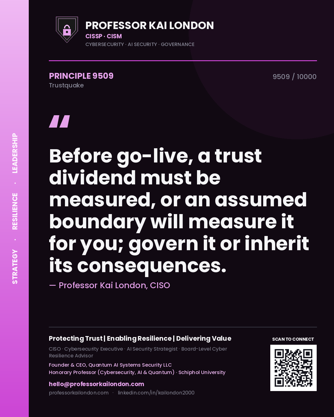 Quote card by Professor Kai London reading 'Before go-live, a trust dividend must be measured, or an assumed boundary will measure it for you; govern it or inherit its consequences.'. From the book Trustquake.