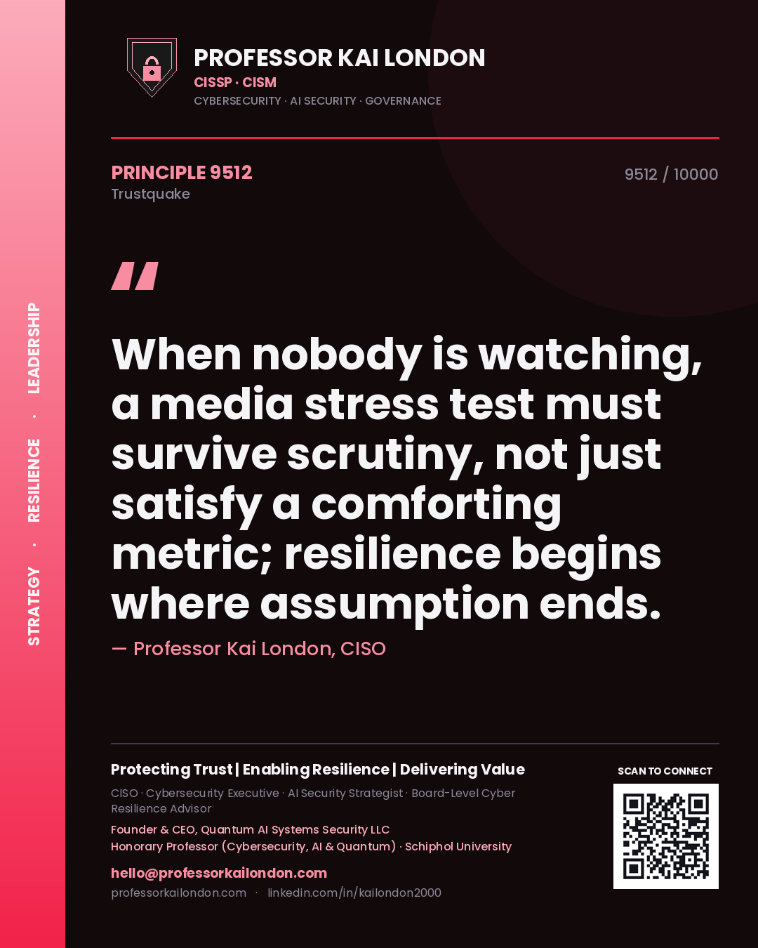 Quote card by Professor Kai London reading 'When nobody is watching, a media stress test must survive scrutiny, not just satisfy a comforting metric; resilience begins where assumption ends.'. From the book Trustquake.