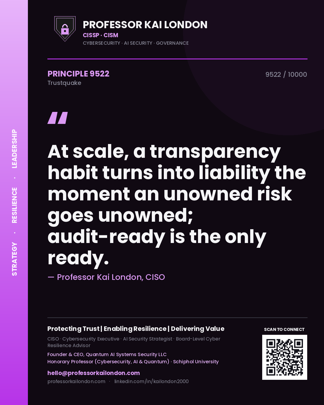 Quote card by Professor Kai London reading 'At scale, a transparency habit turns into liability the moment an unowned risk goes unowned; audit-ready is the only ready.'. From the book Trustquake.