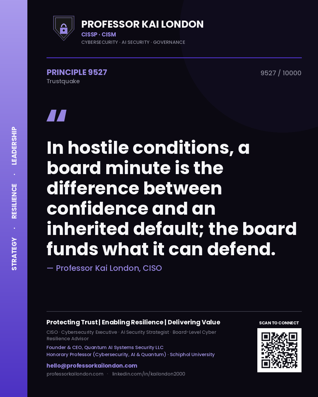 Quote card by Professor Kai London reading 'In hostile conditions, a board minute is the difference between confidence and an inherited default; the board funds what it can defend.'. From the book Trustquake.
