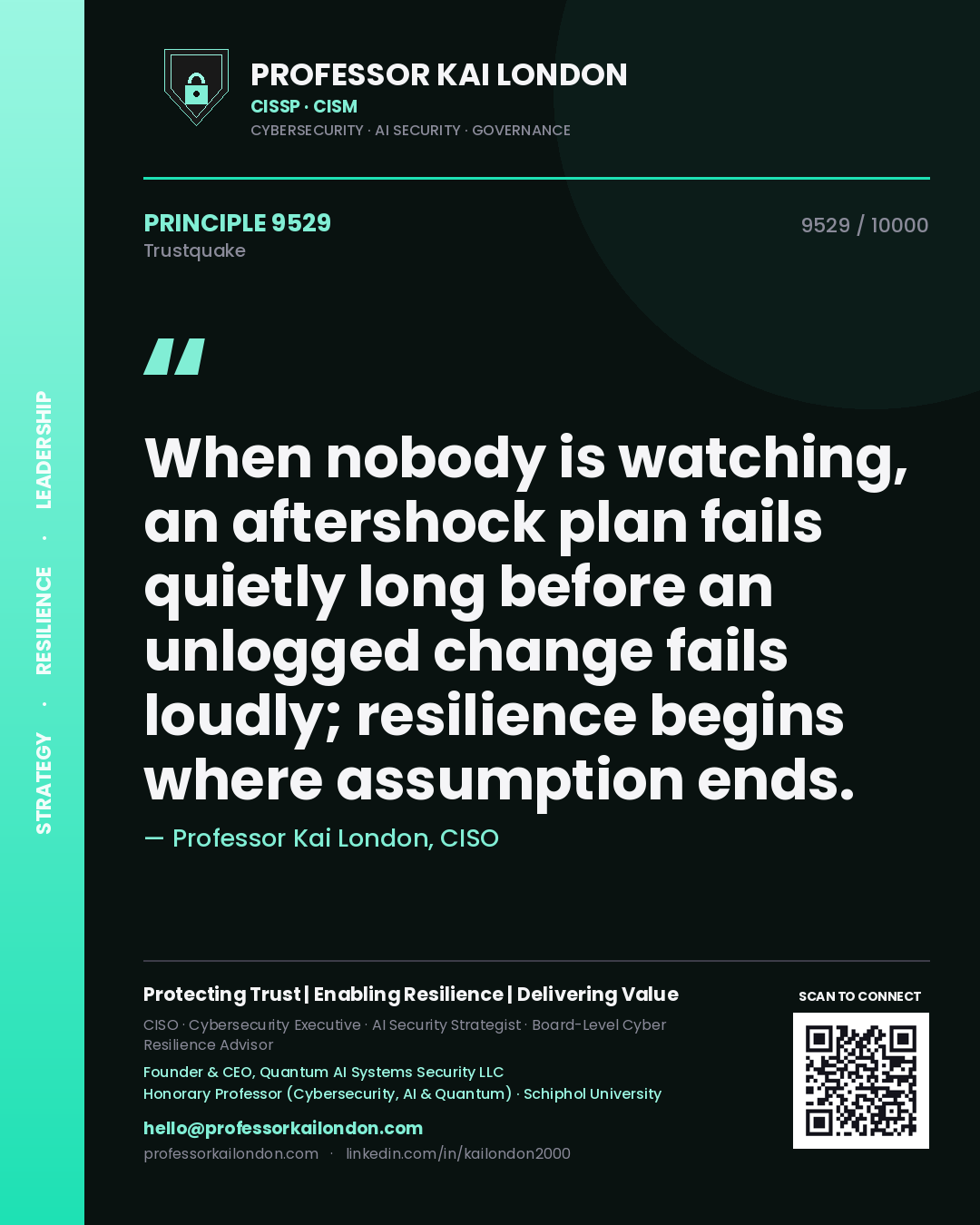 Quote card by Professor Kai London reading 'When nobody is watching, an aftershock plan fails quietly long before an unlogged change fails loudly; resilience begins where assumption ends.'. From the book Trustquake.
