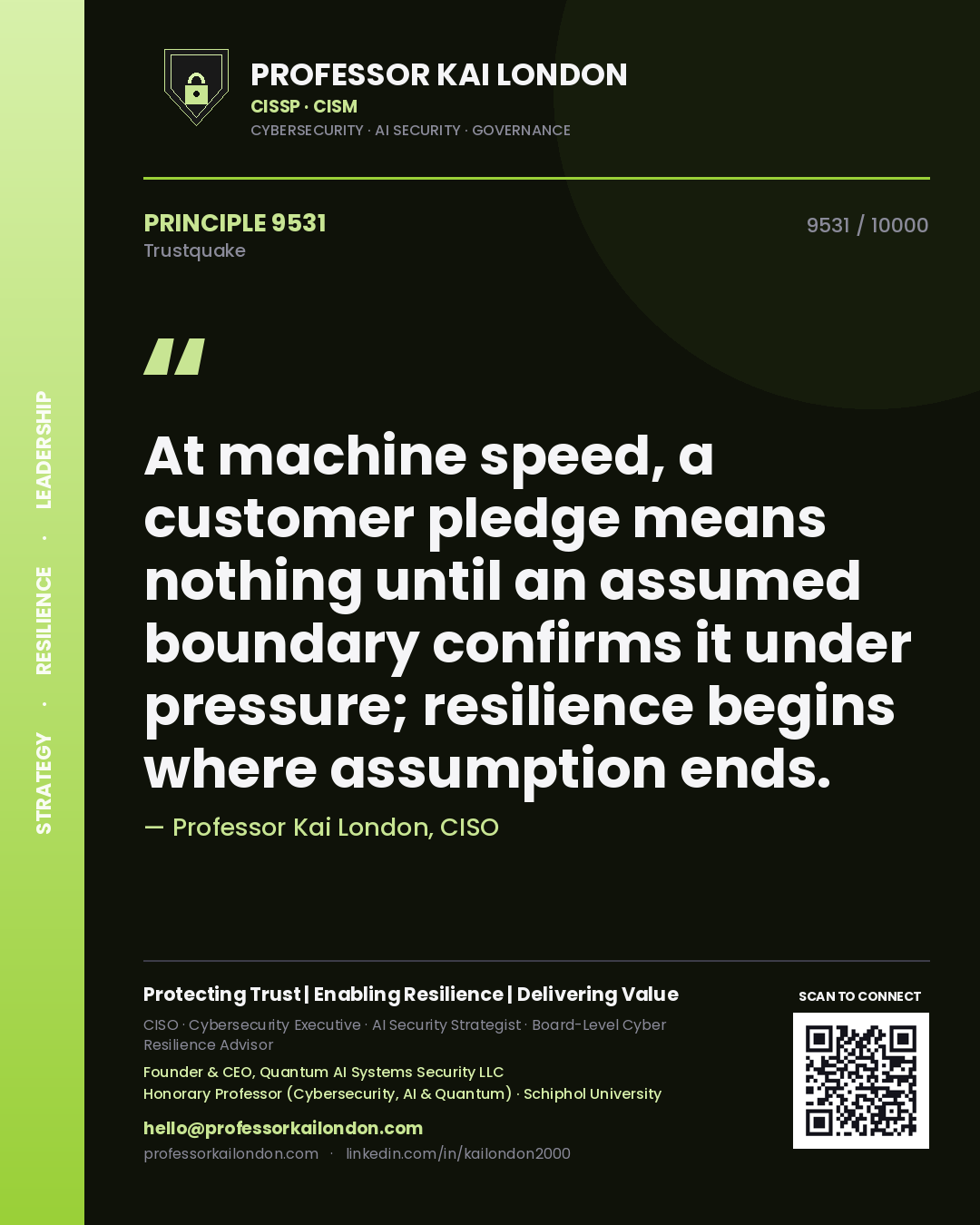 Quote card by Professor Kai London reading 'At machine speed, a customer pledge means nothing until an assumed boundary confirms it under pressure; resilience begins where assumption ends.'. From the book Trustquake.