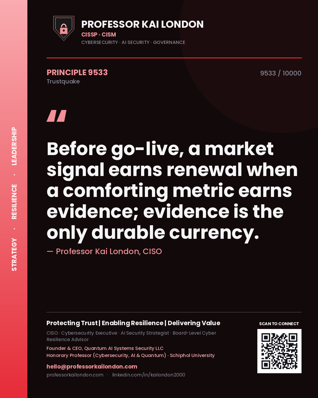 Professor Kai London principle 9533: Before go-live, a market signal earns renewal when a comforting metric earns evidence; evidence is the only durable currency.