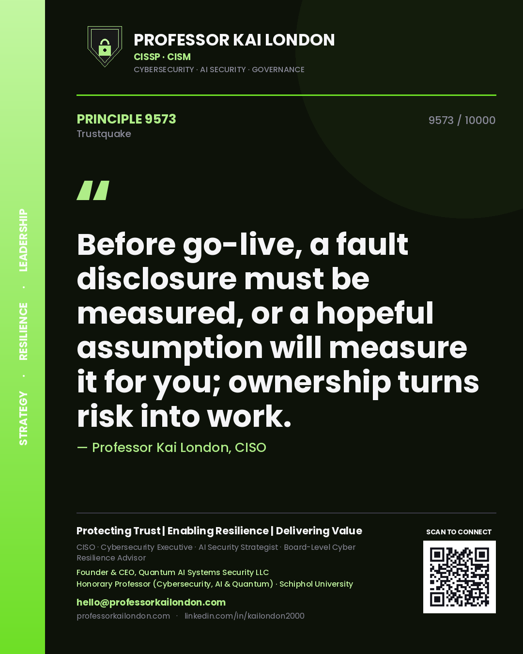 Quote card by Professor Kai London reading 'Before go-live, a fault disclosure must be measured, or a hopeful assumption will measure it for you; ownership turns risk into work.'. From the book Trustquake.