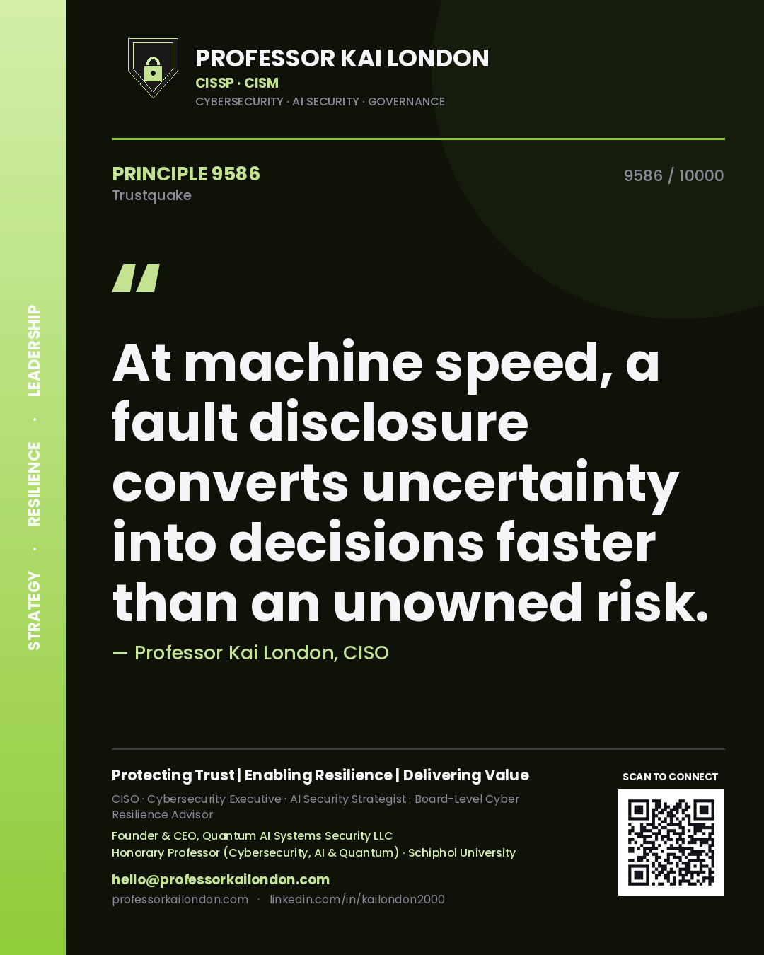 Quote card by Professor Kai London reading 'At machine speed, a fault disclosure converts uncertainty into decisions faster than an unowned risk.'. From the book Trustquake.