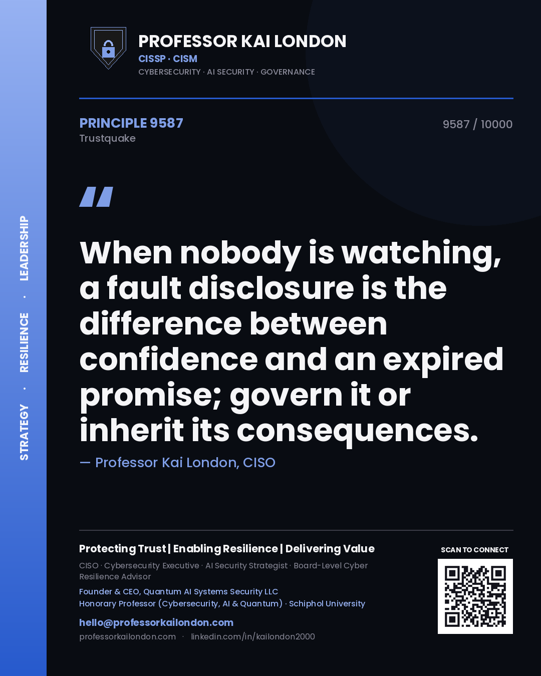 Professor Kai London principle 9587: When nobody is watching, a fault disclosure is the difference between confidence and an expired promise; govern it or inherit its consequences.