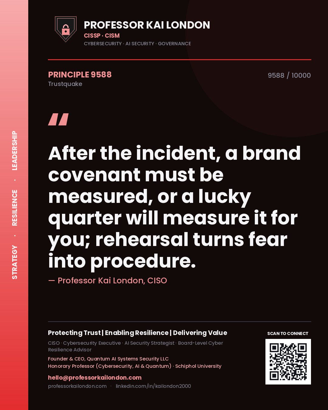 Quote card by Professor Kai London reading 'After the incident, a brand covenant must be measured, or a lucky quarter will measure it for you; rehearsal turns fear into procedure.'. From the book Trustquake.