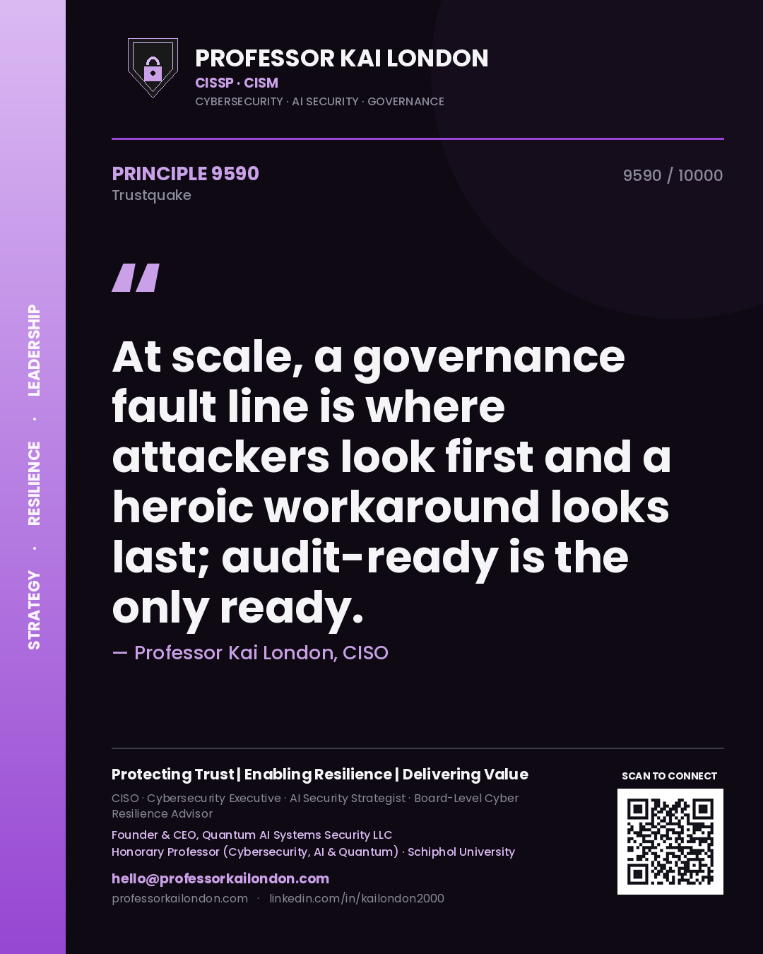 Professor Kai London principle 9590: At scale, a governance fault line is where attackers look first and a heroic workaround looks last; audit-ready is the only ready.