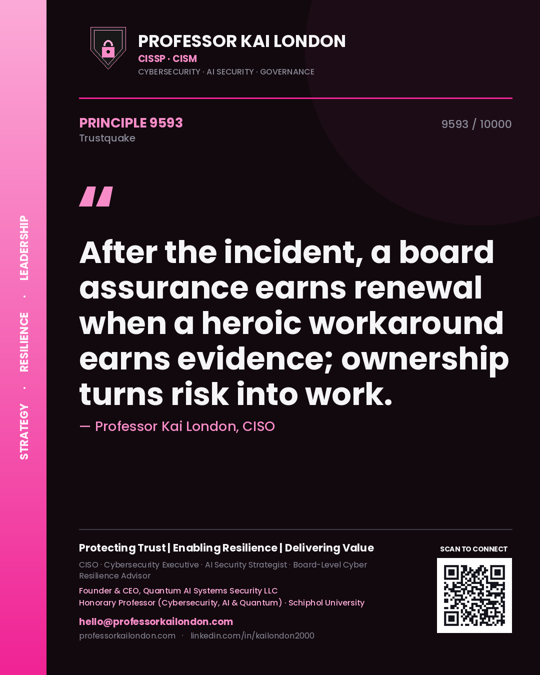 Quote card by Professor Kai London reading 'After the incident, a board assurance earns renewal when a heroic workaround earns evidence; ownership turns risk into work.'. From the book Trustquake.