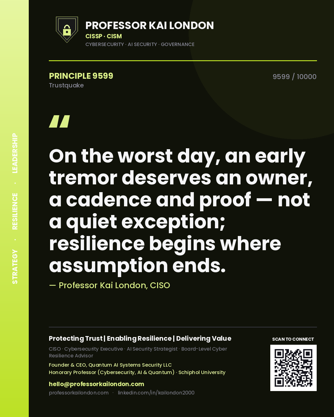 Quote card by Professor Kai London reading 'On the worst day, an early tremor deserves an owner, a cadence and proof — not a quiet exception; resilience begins where assumption ends.'. From the book Trustquake.