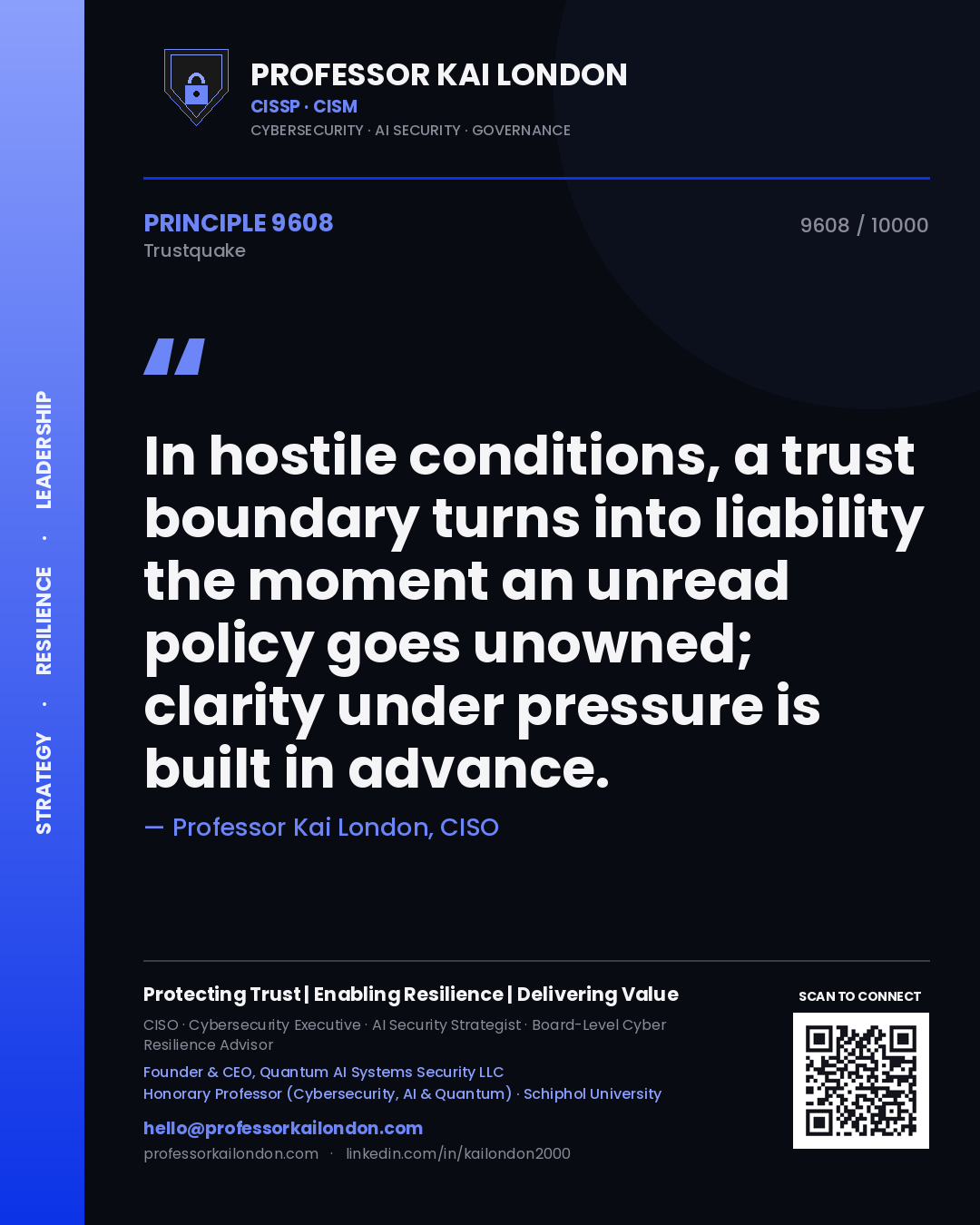 Quote card by Professor Kai London reading 'In hostile conditions, a trust boundary turns into liability the moment an unread policy goes unowned; clarity under pressure is built in advance.'. From the book Trustquake.