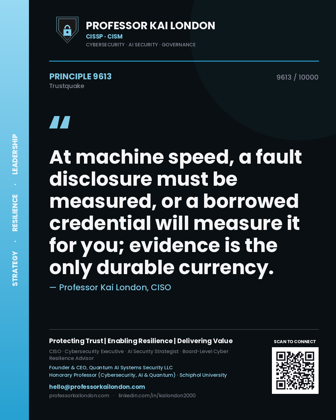 Quote card by Professor Kai London reading 'At machine speed, a fault disclosure must be measured, or a borrowed credential will measure it for you; evidence is the only durable currency.'. From the book Trustquake.