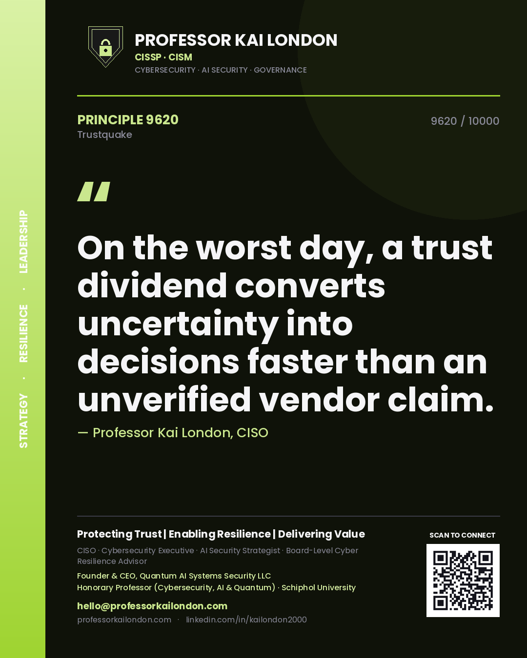 Quote card by Professor Kai London reading 'On the worst day, a trust dividend converts uncertainty into decisions faster than an unverified vendor claim.'. From the book Trustquake.