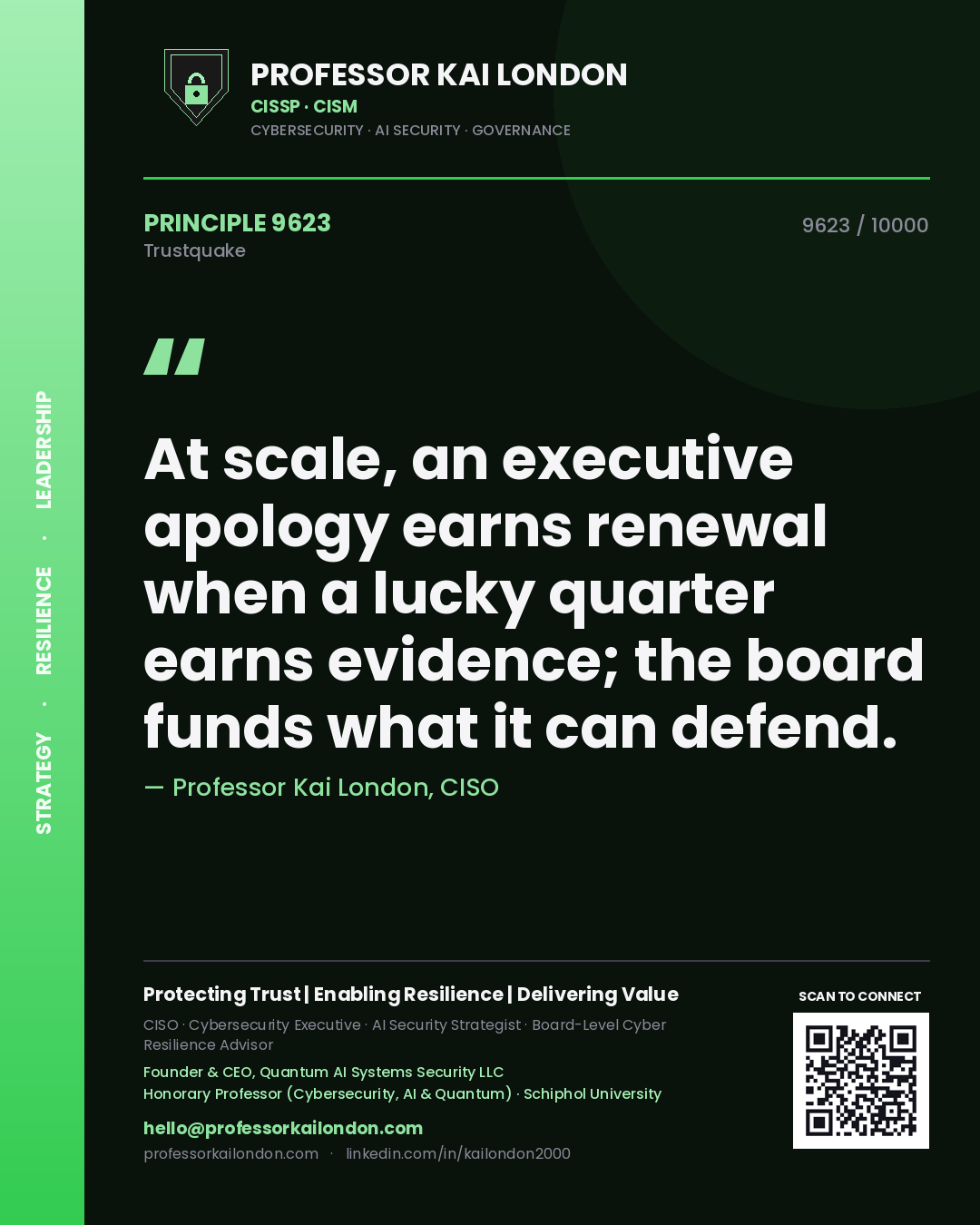 Quote card by Professor Kai London reading 'At scale, an executive apology earns renewal when a lucky quarter earns evidence; the board funds what it can defend.'. From the book Trustquake.