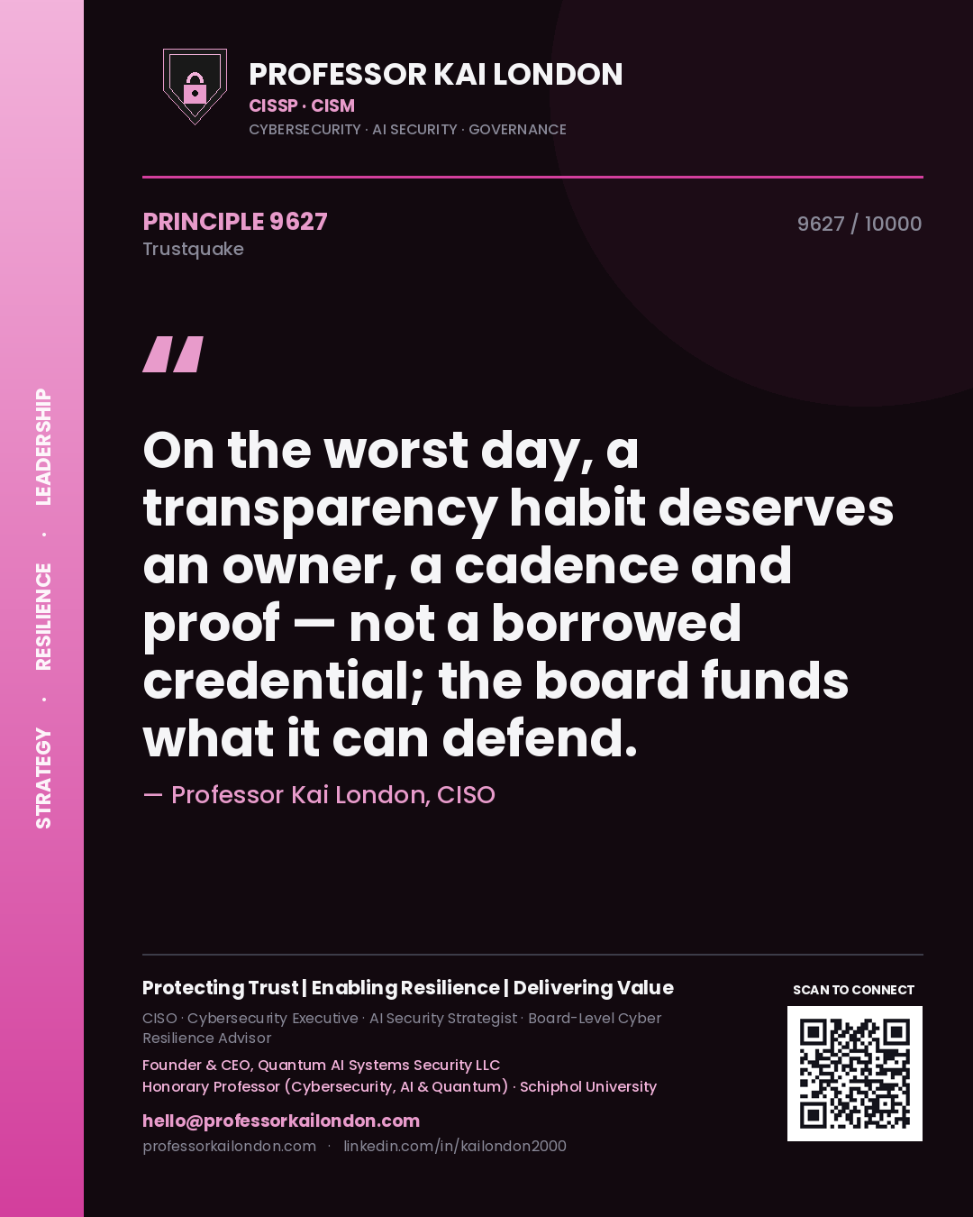 Quote card by Professor Kai London reading 'On the worst day, a transparency habit deserves an owner, a cadence and proof — not a borrowed credential; the board funds what it can defend.'. From the book Trustquake.
