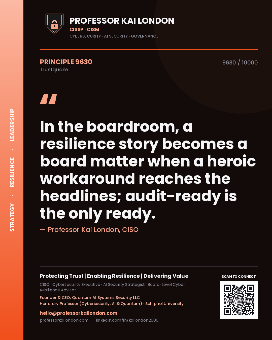 Quote card by Professor Kai London reading 'In the boardroom, a resilience story becomes a board matter when a heroic workaround reaches the headlines; audit-ready is the only ready.'. From the book Trustquake.