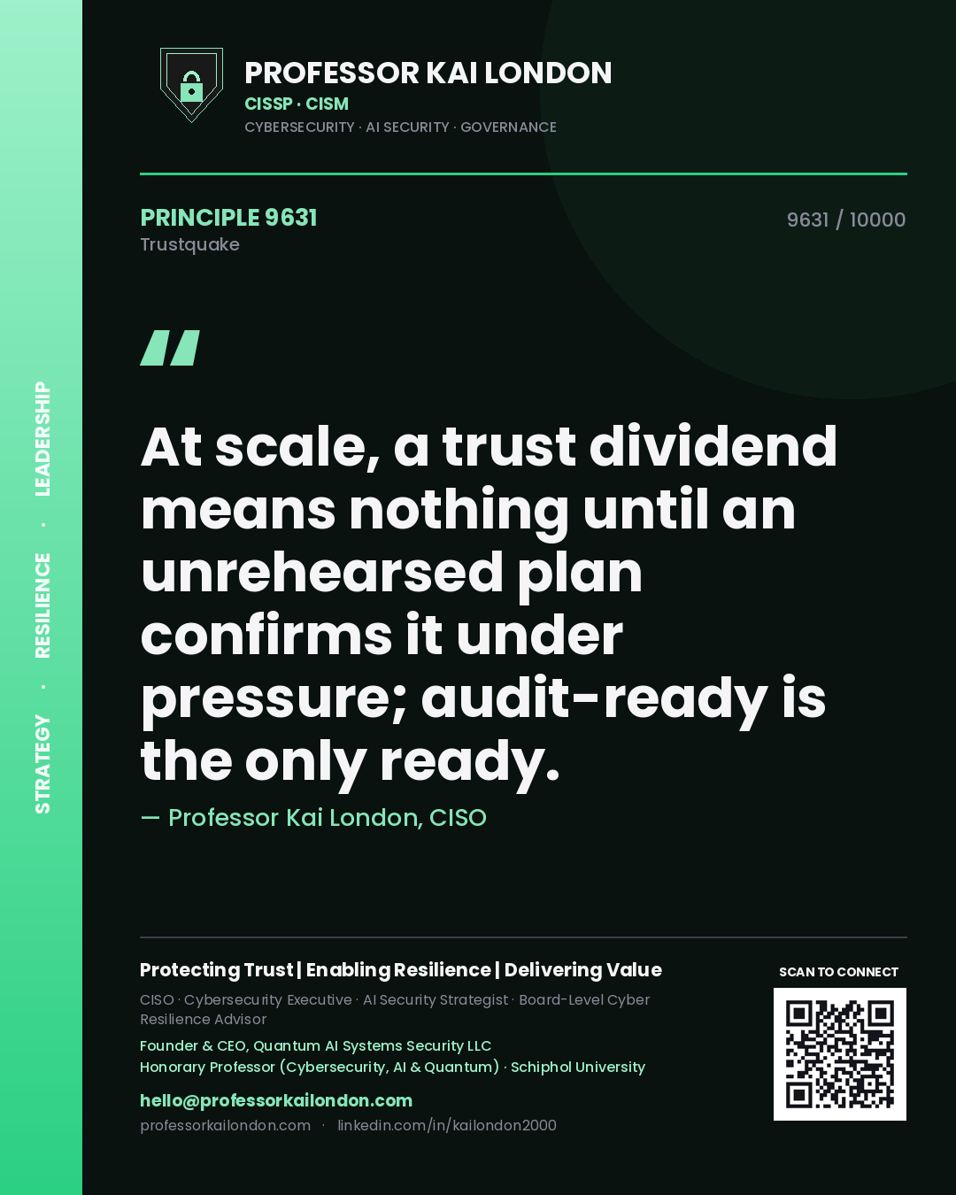 Quote card by Professor Kai London reading 'At scale, a trust dividend means nothing until an unrehearsed plan confirms it under pressure; audit-ready is the only ready.'. From the book Trustquake.