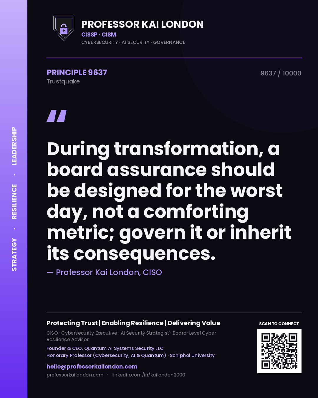 Quote card by Professor Kai London reading 'During transformation, a board assurance should be designed for the worst day, not a comforting metric; govern it or inherit its consequences.'. From the book Trustquake.