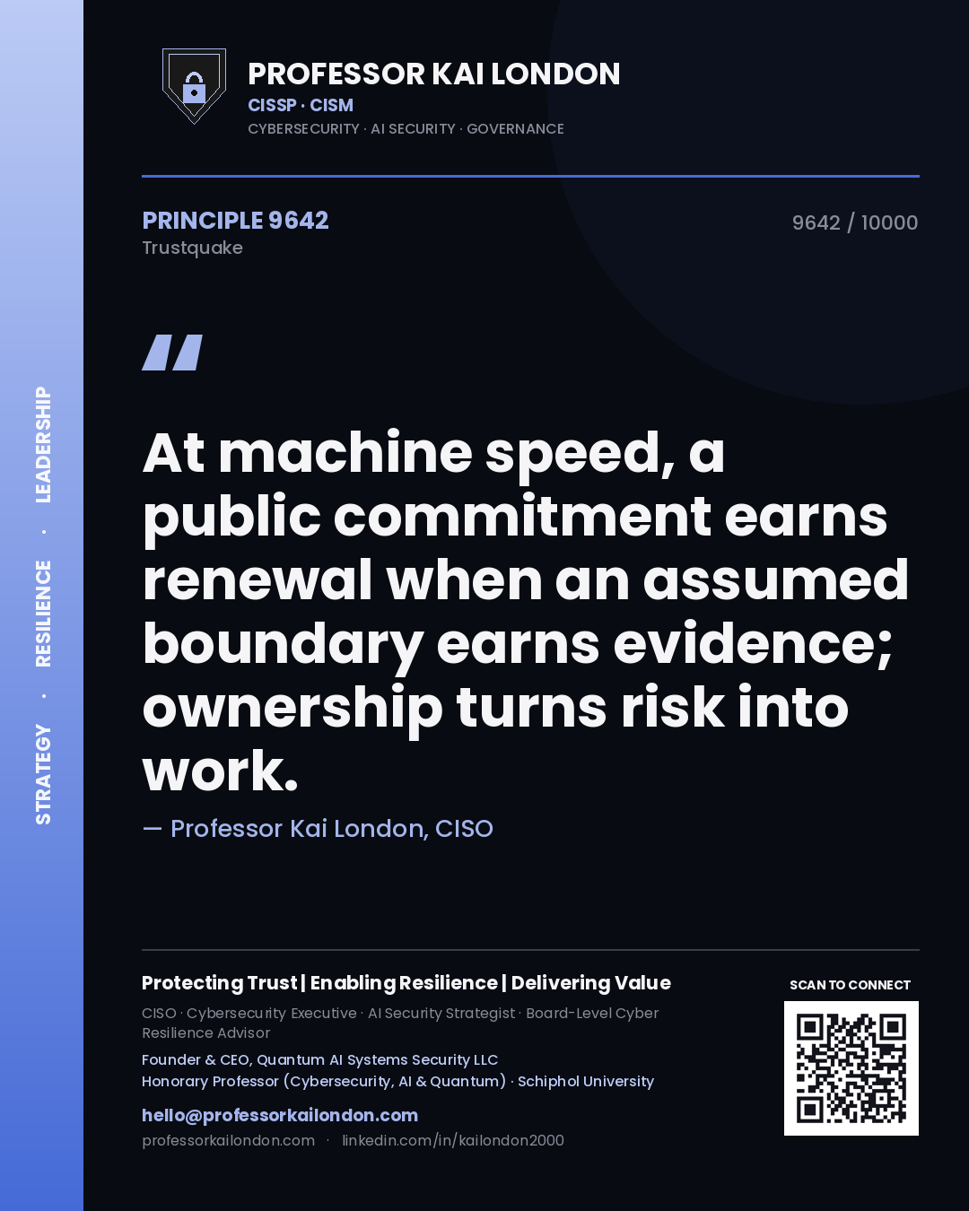 Quote card by Professor Kai London reading 'At machine speed, a public commitment earns renewal when an assumed boundary earns evidence; ownership turns risk into work.'. From the book Trustquake.
