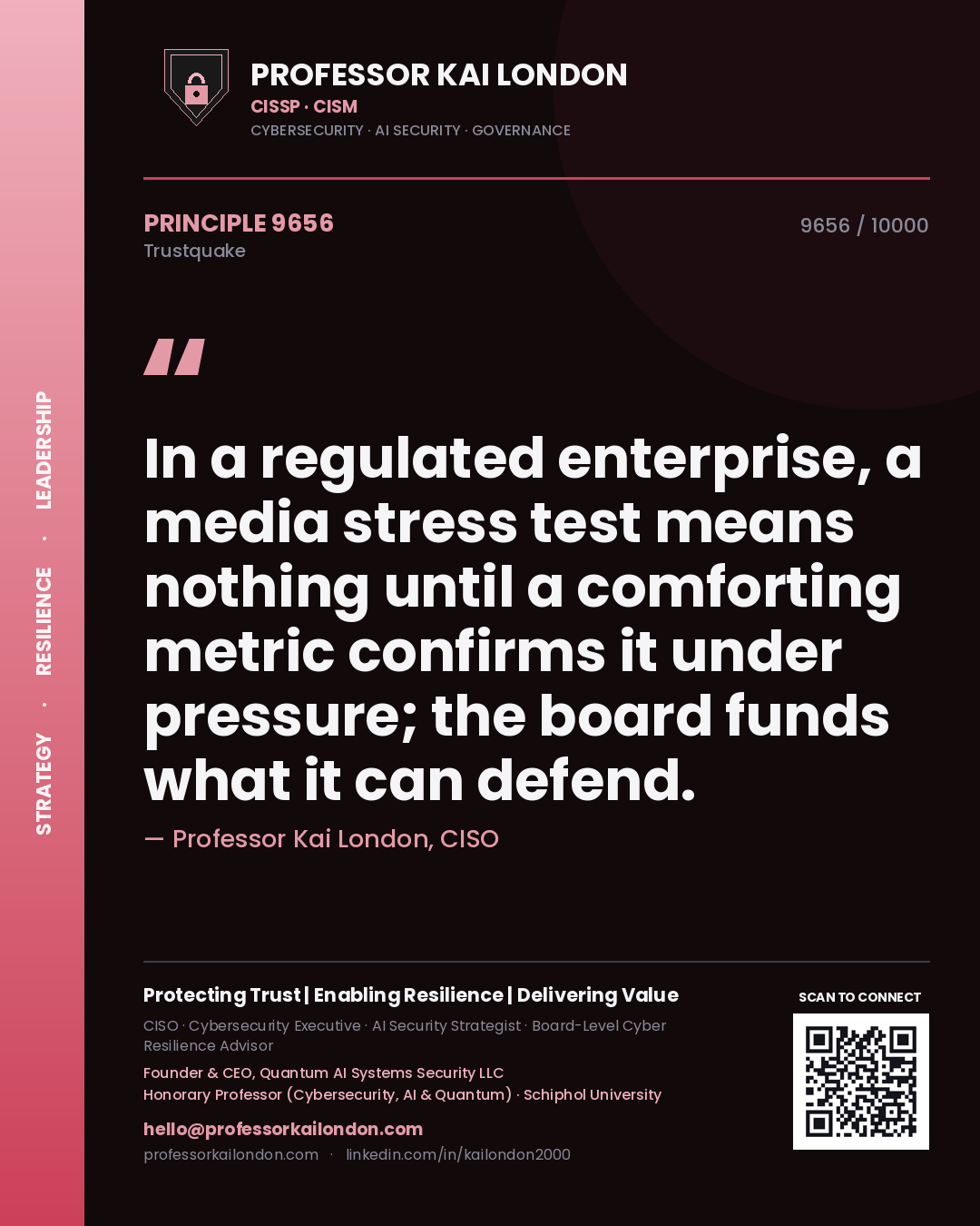 Quote card by Professor Kai London reading 'In a regulated enterprise, a media stress test means nothing until a comforting metric confirms it under pressure; the board funds what it can defend.'. From the book Trustquake.