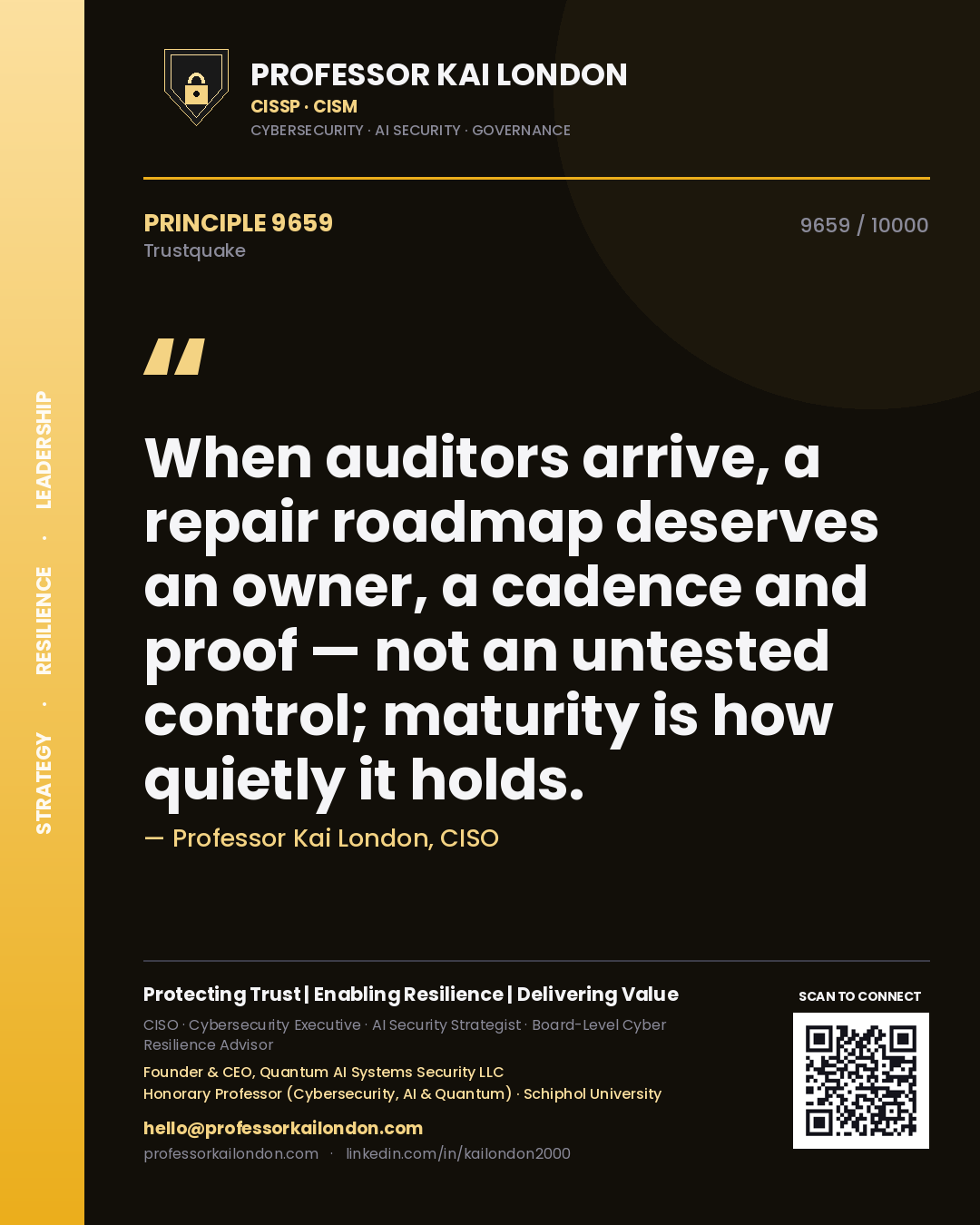 Quote card by Professor Kai London reading 'When auditors arrive, a repair roadmap deserves an owner, a cadence and proof — not an untested control; maturity is how quietly it holds.'. From the book Trustquake.