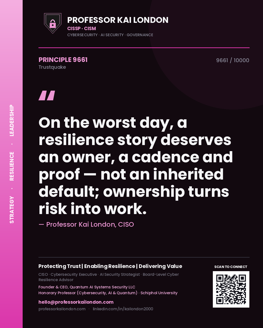 Quote card by Professor Kai London reading 'On the worst day, a resilience story deserves an owner, a cadence and proof — not an inherited default; ownership turns risk into work.'. From the book Trustquake.