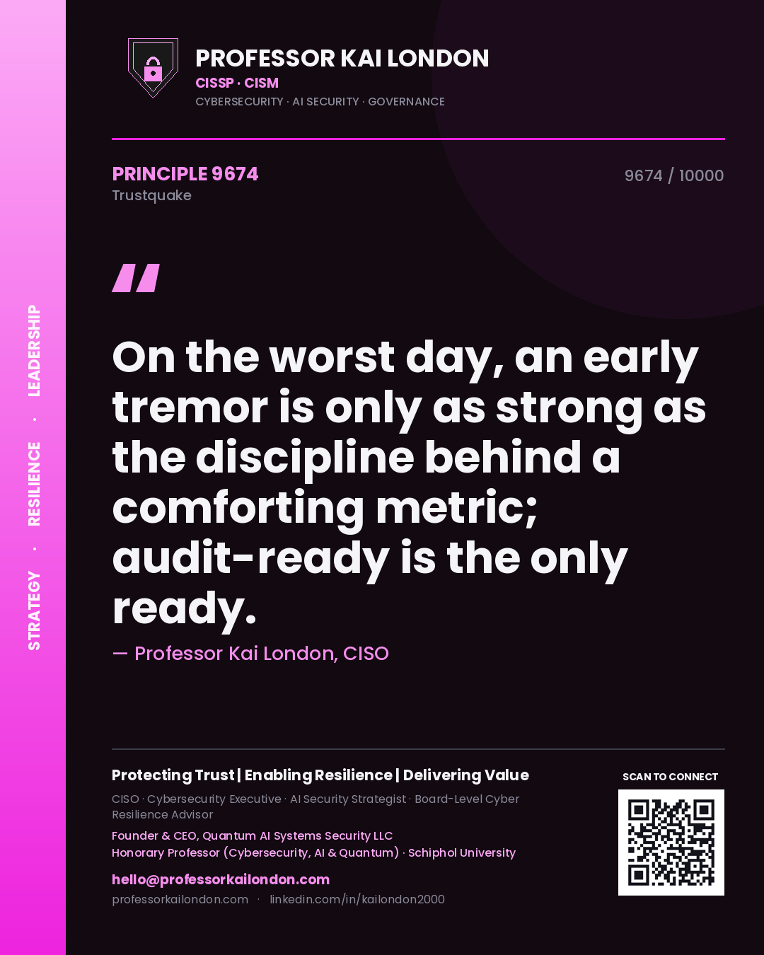 Quote card by Professor Kai London reading 'On the worst day, an early tremor is only as strong as the discipline behind a comforting metric; audit-ready is the only ready.'. From the book Trustquake.