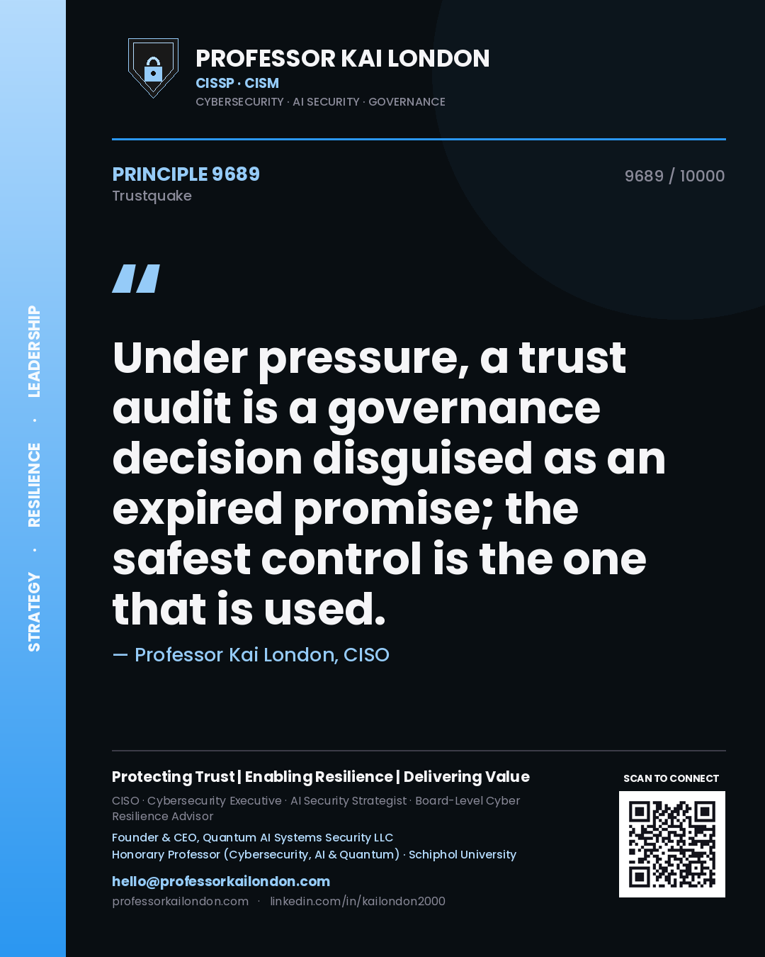 Quote card by Professor Kai London reading 'Under pressure, a trust audit is a governance decision disguised as an expired promise; the safest control is the one that is used.'. From the book Trustquake.