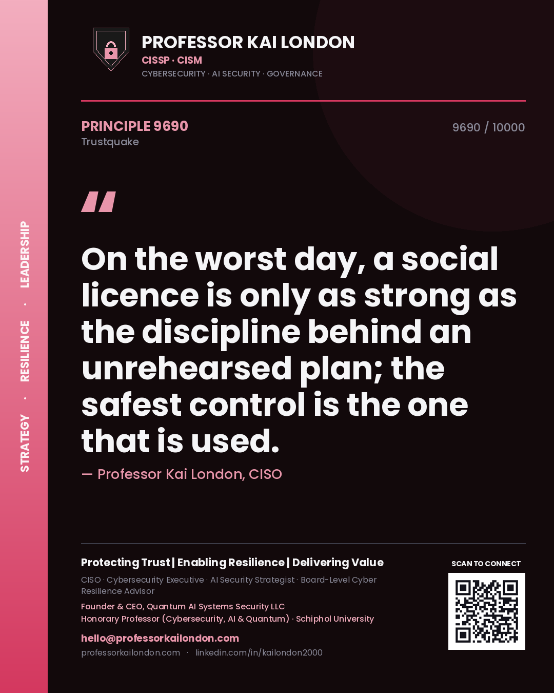 Quote card by Professor Kai London reading 'On the worst day, a social licence is only as strong as the discipline behind an unrehearsed plan; the safest control is the one that is used.'. From the book Trustquake.